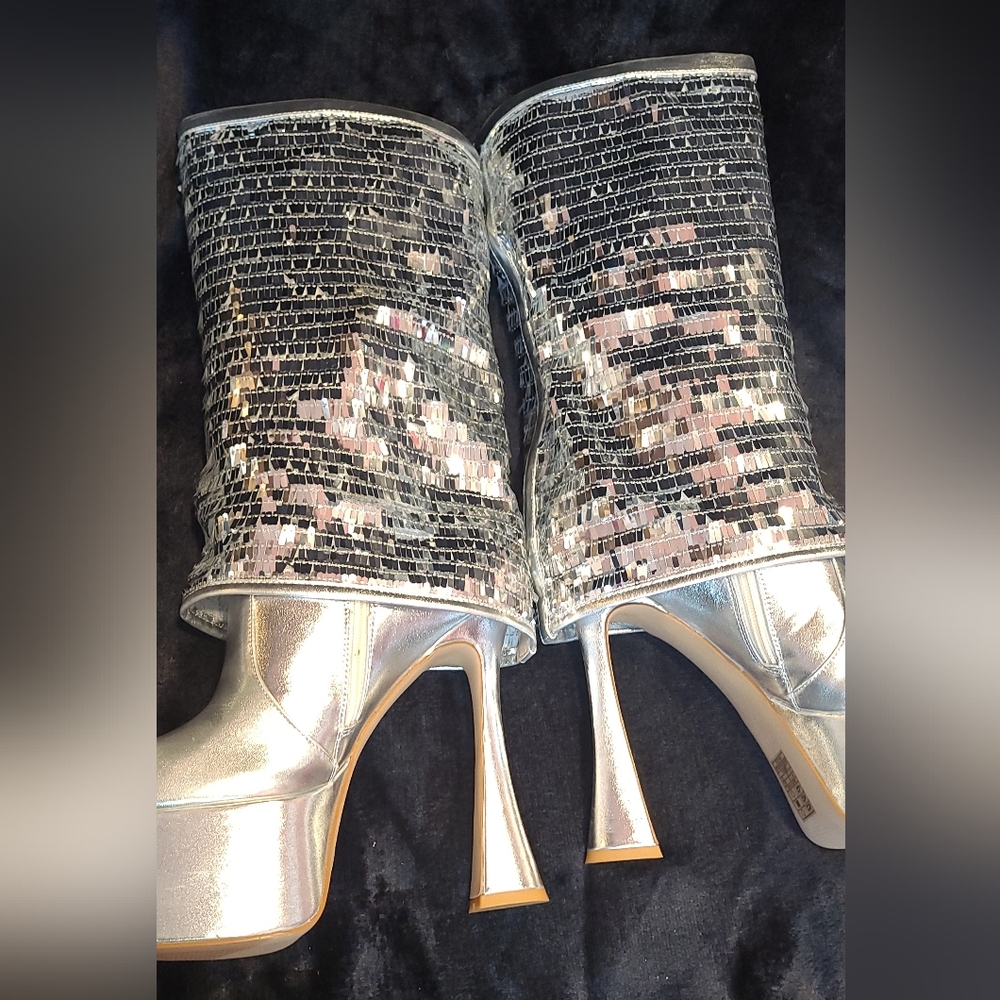 Silver Sequin Platform Mule Boots - Women's High Heel